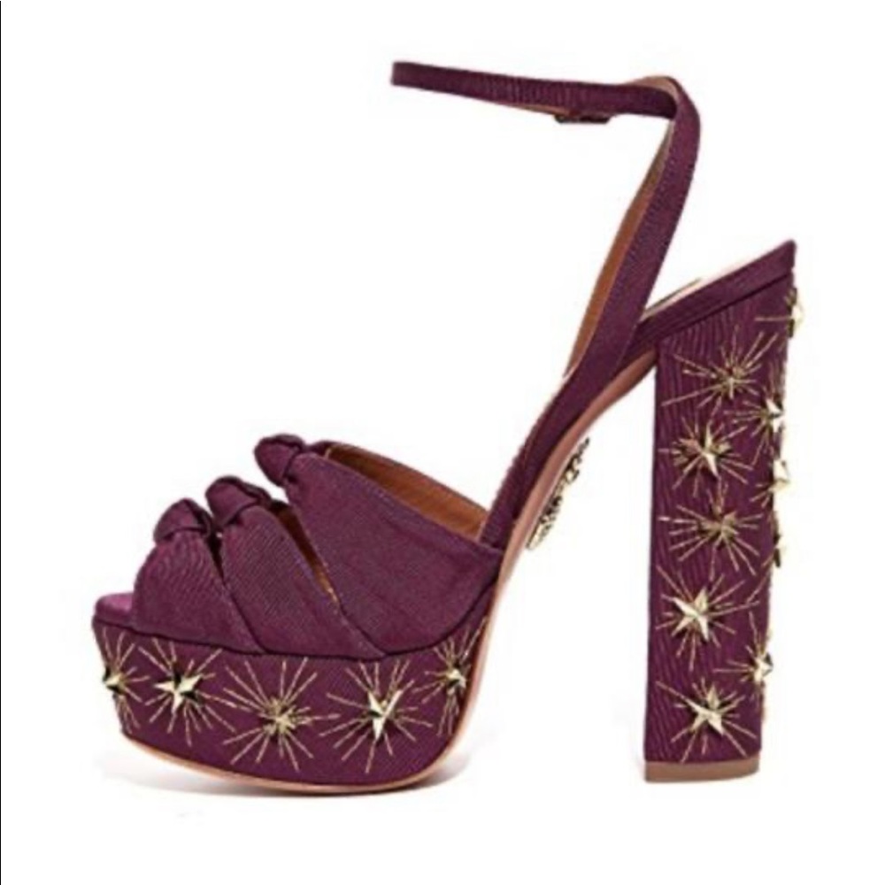 $895 AQUAZZURA Mira Embellished Twill Platform Sandal Plum 37.5 - Picture 3 of 12